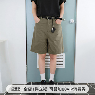 714street纯棉砂洗工字扣褶裥短裤男2026夏季宽松直筒休闲五分裤