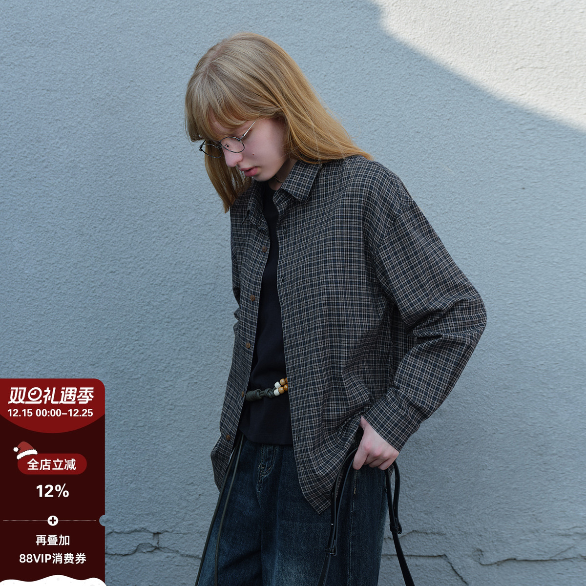 714street秋季miu系蓝色格子衬衫男2025新款美式复古纯棉情侣长袖