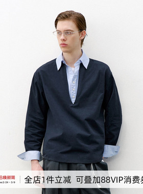 714street双层领假两件撞色长袖衬衫男2026肌理感半开襟情侣衬衣