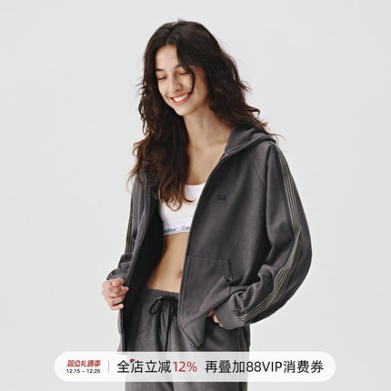 714street麂皮织带连帽卫衣开衫男女同款情侣上衣2024秋新款帽衫