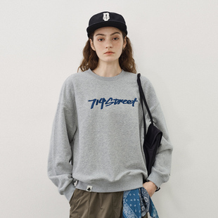 T恤女 长袖 714street LOGO刺绣圆领加绒卫衣男2025秋冬宽松落肩袖