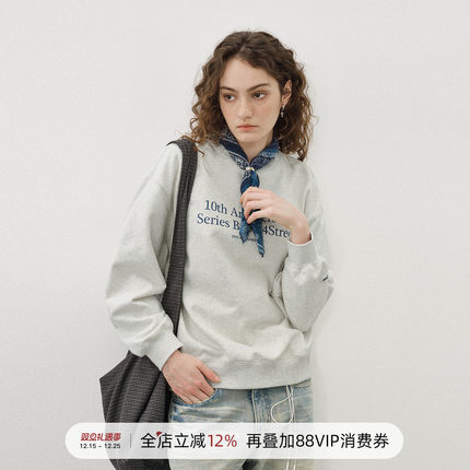 714street十周年美式印花圆领加绒卫衣男25秋冬落肩袖宽松长袖T恤