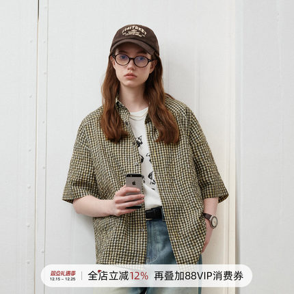 714street春夏泡泡纱格子短袖衬衫男25新款宽松轻薄透气情侣衬衣