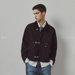 714street高端线BEHALF 灯芯绒拼接飞机扣千鸟格里布防风领短夹克