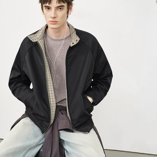 714street美式 复古哈灵顿夹克2025秋冬千鸟格纹拼接加绒厚外套男