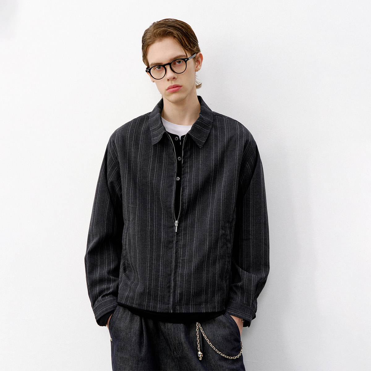 714street肌理感条纹提花翻领夹克2026春季美式复古BOXY短外套男