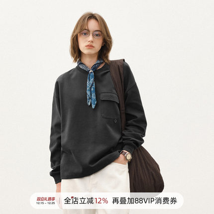 714street日系休闲落肩宽松长袖上衣 2025秋季新款灰色口袋T恤男