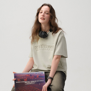 T恤男2025新款 复古钢印LOGO仿麂皮短袖 宽松体恤 美式 714street夏季