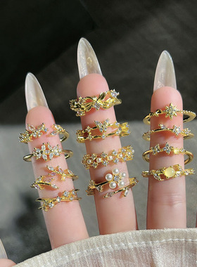 金枝碎钻新中式复古小众设计感微镶开口戒指女轻奢高级感百搭指环