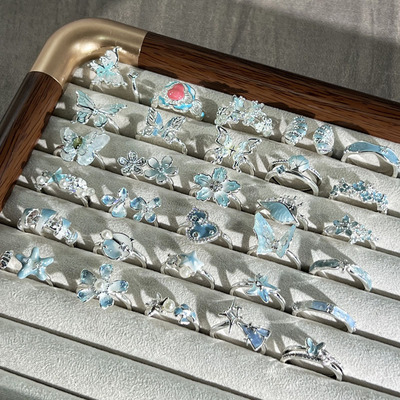 星蓝花屿童话风冰蓝渐变氛围感蝴蝶花朵戒指女小众设计感甜酷指环