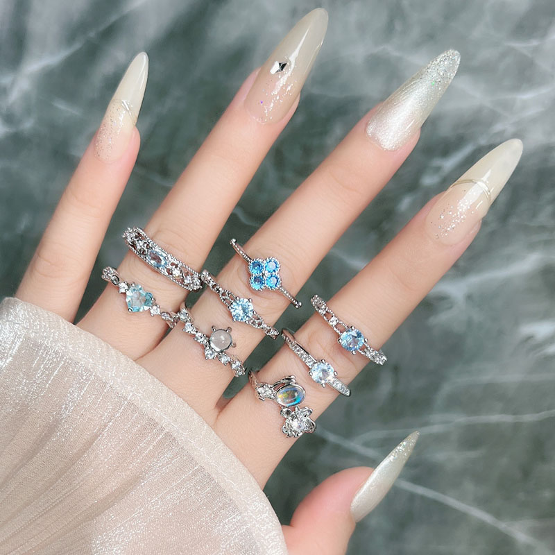 法式清冷感蓝钻几何微镶开口戒指女ins冷淡风轻奢简约月光石指环