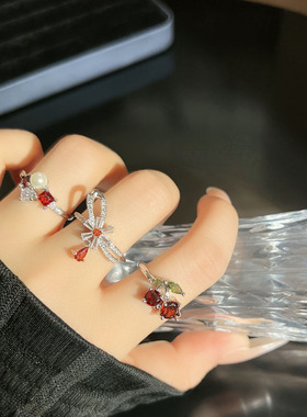 欧美ins甜美可爱少女感红樱桃开口戒指女个性时尚设计感轻奢指环