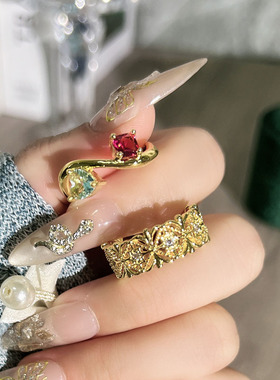 老钱风复古镂空蕾丝鸢尾花十字架开口戒指女双石个性轻奢百搭指环