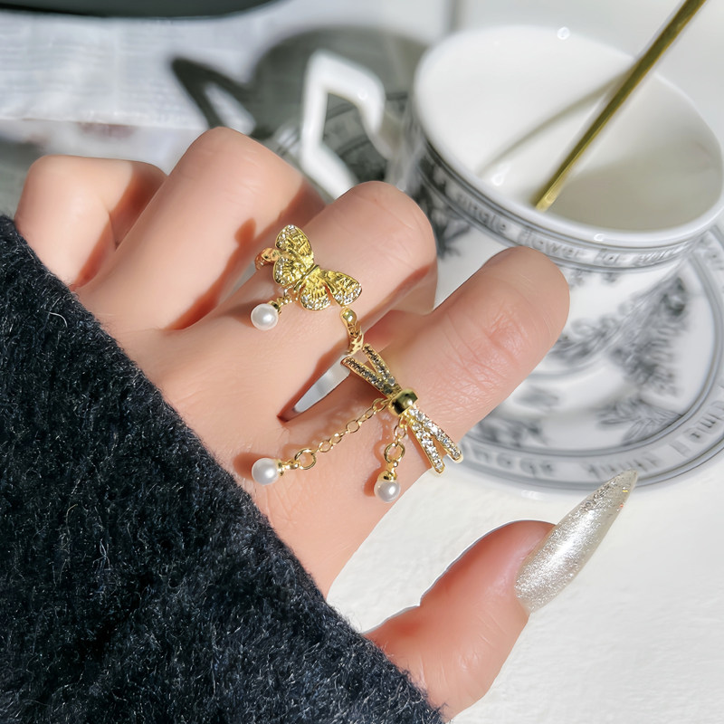 复古蝴蝶流苏褶皱时尚开口戒指女链条珍珠气质百搭高级感轻奢指环