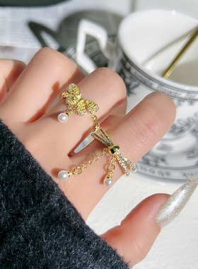 复古蝴蝶流苏褶皱时尚开口戒指女链条珍珠气质百搭高级感轻奢指环