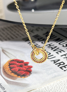 网红小红书爆款热卖环扣玫红钻项链女时尚小众设计感甜酷锁骨链潮