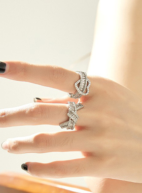 轻奢高级感超闪锆石打结爱心叠戴开口戒指甜酷少女风精致时尚指环