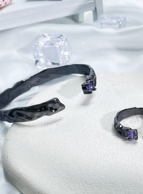 小众肌理暗黑风紫钻戒指手镯中性风情侣潮时尚指环冷淡风个性手环