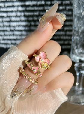 温柔风蜜粉绣球花时尚甜酷轻奢开口戒女少女心叠戴花朵气质指环潮