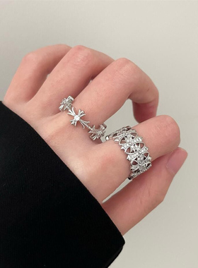 欧美时髦轻奢十字架戒指开口百搭银色高级欧美潮酷轻奢锆石食指环