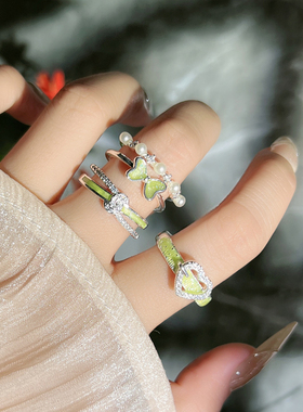 时尚清新淡绿珐琅滴釉爱心蝴蝶结双层珍珠戒指女冷淡风小众食指戒