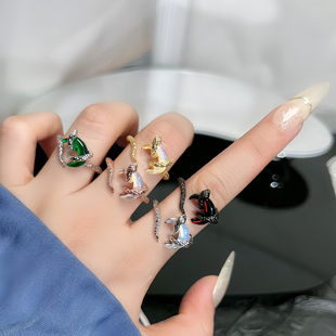 原创新中式月光石肌理蛇形开口戒指女冷淡风气质时尚个性小众指环