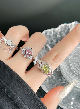 韩版轻奢粉钻爱心甜酷精致开口戒指女月光石链条百搭时尚食指戒潮