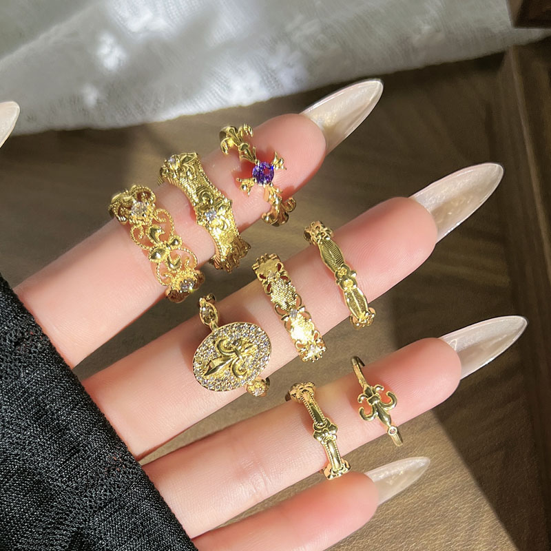 意大利织纹雕金宫廷风鸢尾花拉丝气质开口戒指女小众时尚轻奢指环