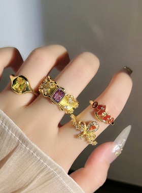 夏夜紫藤个性鸢尾花水滴皇冠几何开口戒指女欧美潮流时尚复古指环