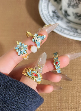 中古油画风精致蓝色渐变花朵滴釉开口戒指女轻奢叠戴气质时尚指环