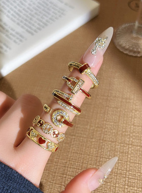 缘系指尖素圈潮流混搭红色甜酷开口戒指女几何爱心钉子轻奢食指戒