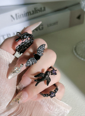 新款暗黑羽毛翅膀个性开口戒指无性别风燕子朋克嘻哈高级感指环潮