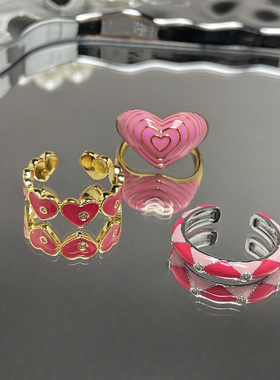 甜酷菱格拼色爱心滴釉小众设计感开口戒指女多巴胺时尚百搭食指环