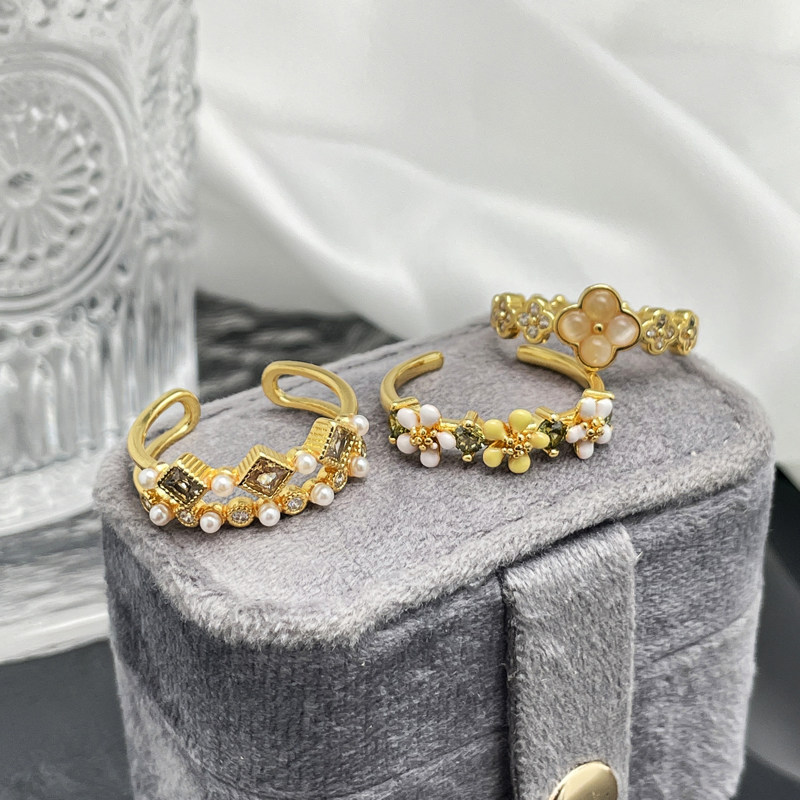 高级感双层珍珠镶嵌开口戒指女轻奢小众气质花朵珐琅甜酷食指戒潮