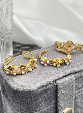 高级感双层珍珠镶嵌开口戒指女轻奢小众气质花朵珐琅甜酷食指戒潮