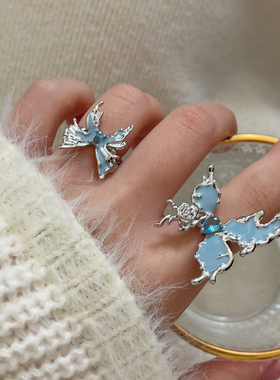 韩版新款滴胶珐琅蓝色蝴蝶开口戒指女ins冷淡风轻奢时尚指环戒子