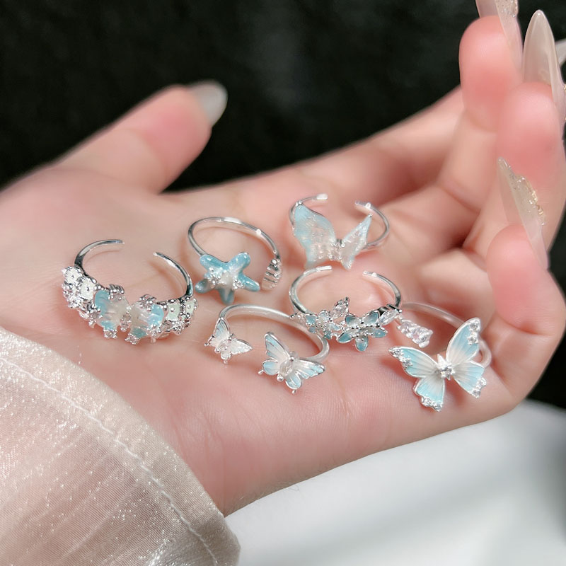 新款银白奶油风冰川蓝色渐变珐琅蝴蝶开口戒指女花朵甜酷精致指环