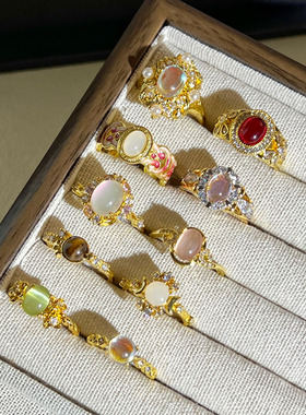 中古风轻奢彩宝月光石千金风蛋面开口戒指女复古时尚混搭个性指环