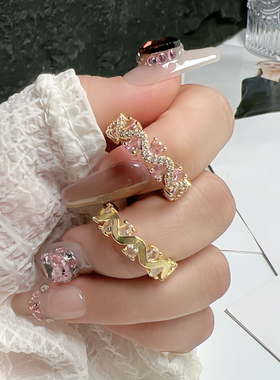 复古时尚拉丝波浪粉钻甜酷开口戒指女小众设计感简约个性气质指环