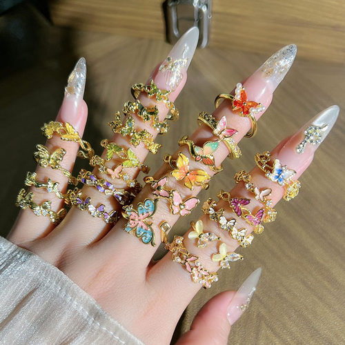 复古宫廷风渐变彩色蝴蝶叠戴个性戒指女小众高级感时尚新款食指戒