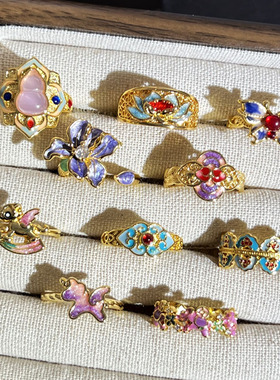 繁花纳吉新中式国风花朵小马精致珐琅彩戒指女小众独特设计感指环