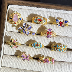 繁花纳吉新中式国风花朵小马精致珐琅彩戒指女小众独特设计感指环