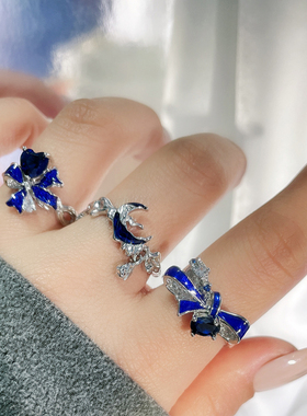 欧美风气质个性蓝色爱心滴釉蝴蝶结开口戒指女ins独特潮时尚指环