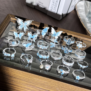 国风冰川蓝色渐变清冷感液态蝴蝶戒指女轻奢冷淡风甜酷时尚食指戒