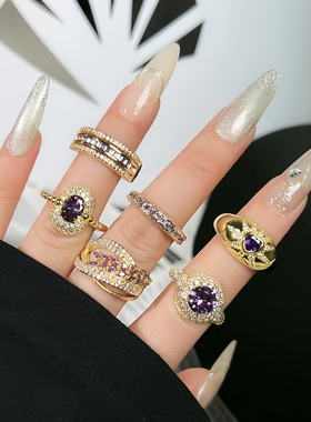 紫气东来中古老钱风紫钻奢华新款开口戒指女镂空高级感甜酷指环潮