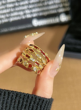 法式复古红色小花开口戒指女小众设计甜美高级感几何细圈叠戴指环
