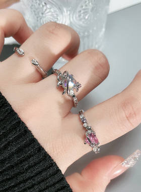 轻奢炫彩月光石开口戒指女粉钻爱心小众冷淡风甜酷精致百搭食指环