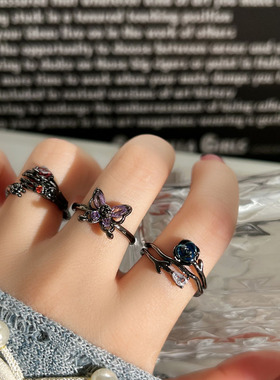 高级感甜酷辣妹风暗黑紫钻蝴蝶玫瑰开口戒指女小众冷淡风朋克指环