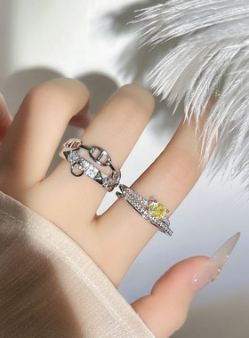 网红爆款双层猪鼻子满钻时尚戒指女欧美风精致甜酷爱心黄钻指环潮