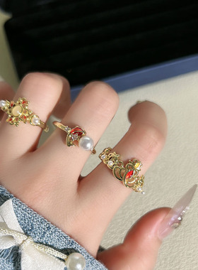 宫廷风复古高级感火焰锦鲤珍珠开口戒指女轻奢高级感小众甜酷指环